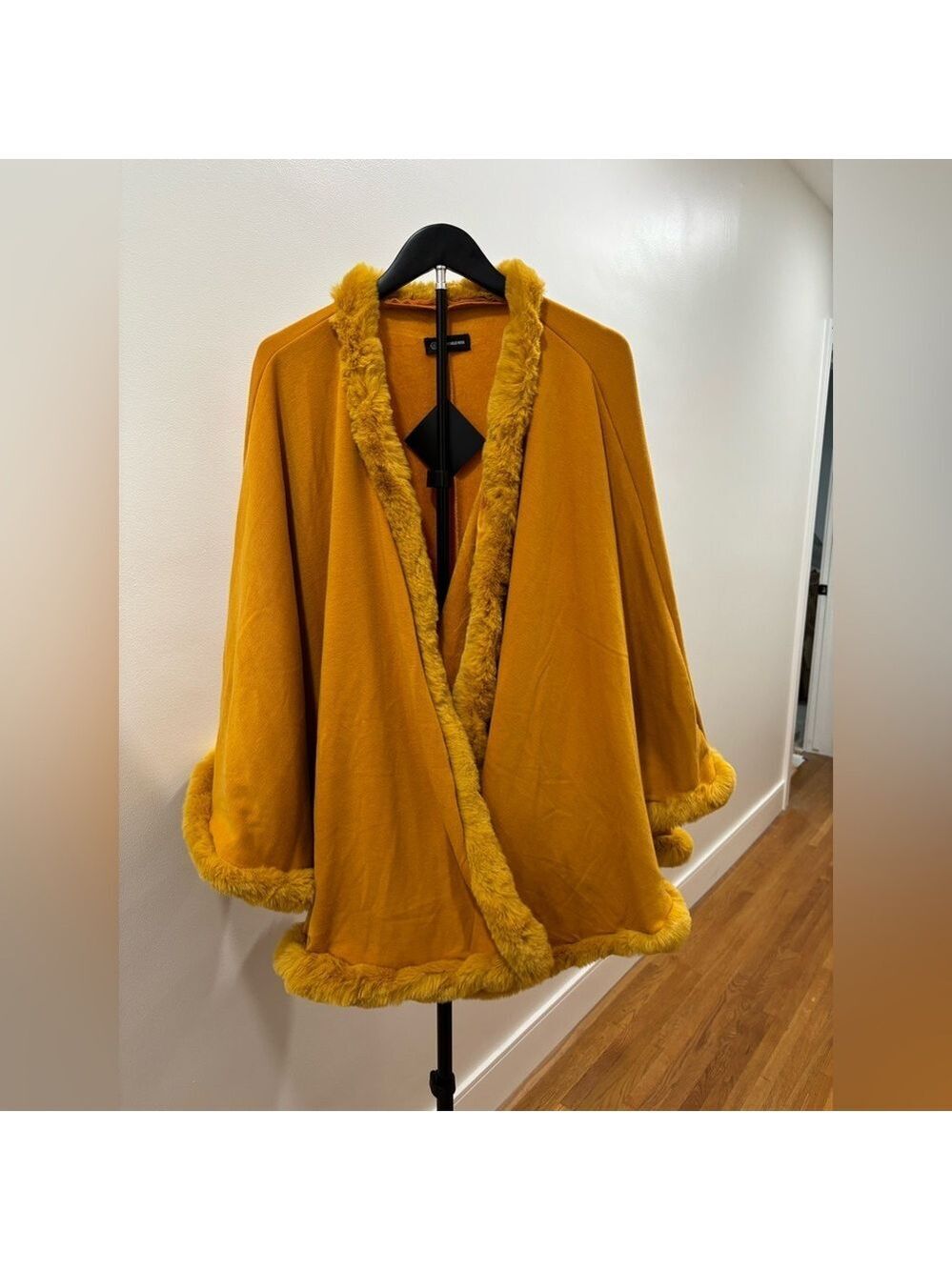 658. Merigold Kiss Mustard Faux Fur Trim Cape With Sleeves. NWT